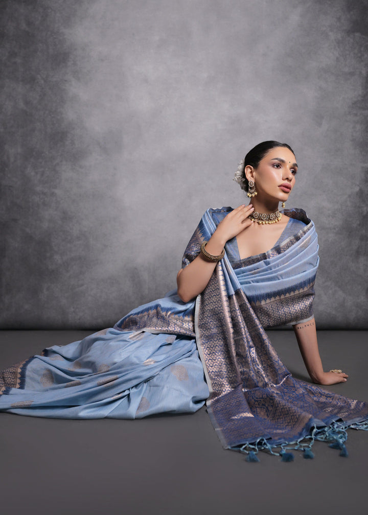 Cornflower Blue Tussar Silk Saree with Zari Woven Contrast Border