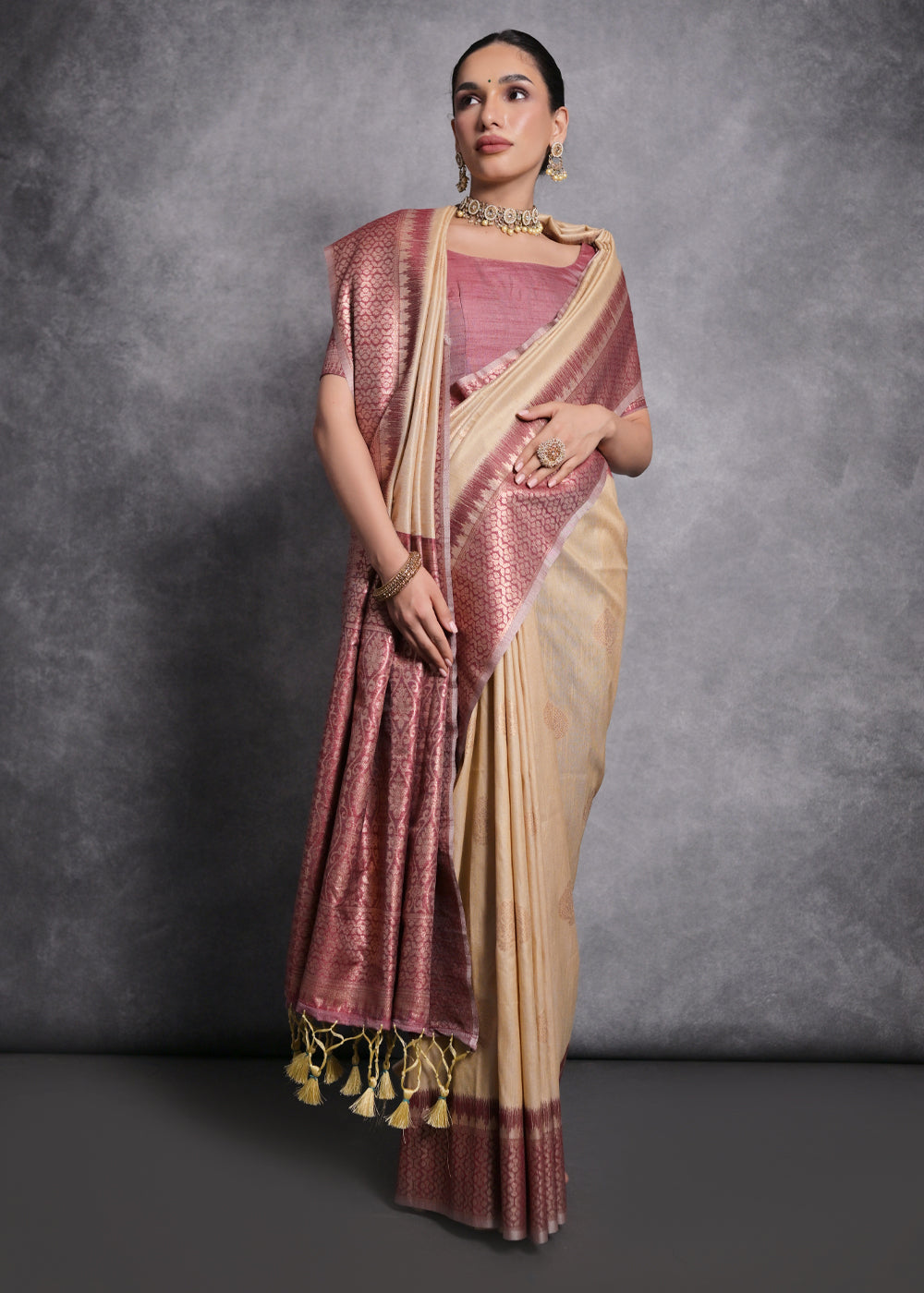 Chiku Brown Tussar Silk Saree with Zari Woven Contrast Border