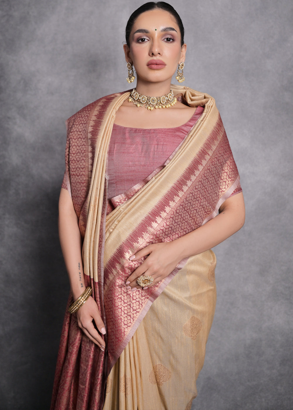 Chiku Brown Tussar Silk Saree with Zari Woven Contrast Border