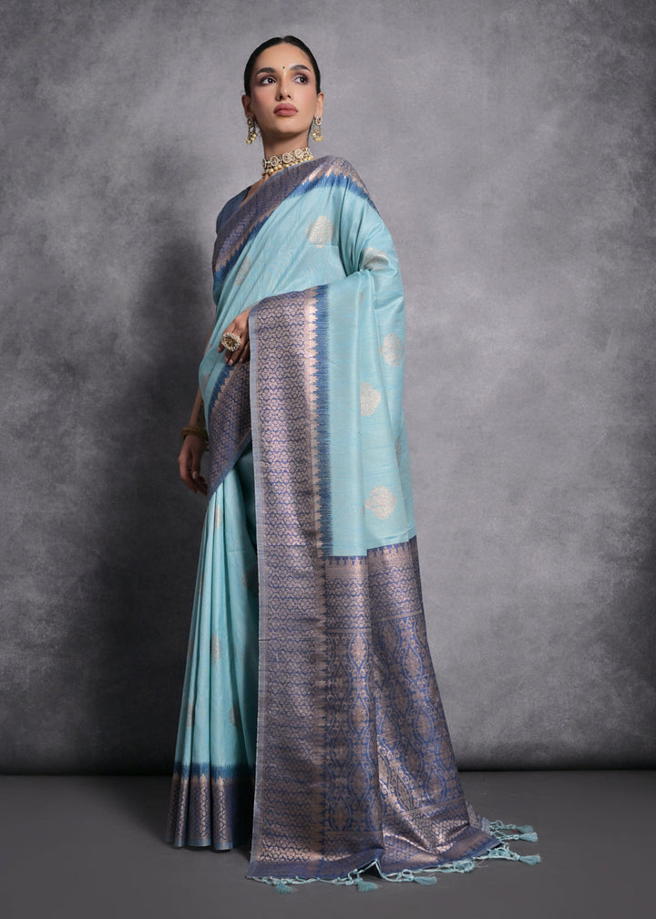 Maya Blue Tussar Silk Saree with Zari Woven Contrast Border