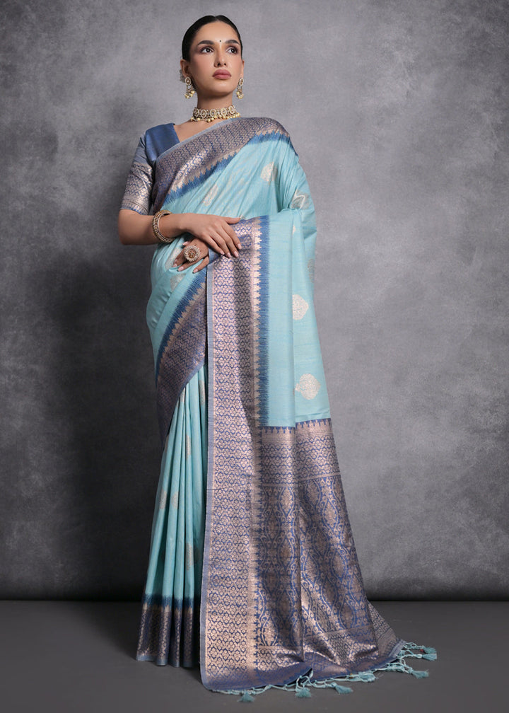 Maya Blue Tussar Silk Saree with Zari Woven Contrast Border