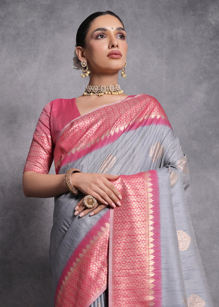 Shark Grey Tussar Silk Saree with Zari Woven Contrast Border