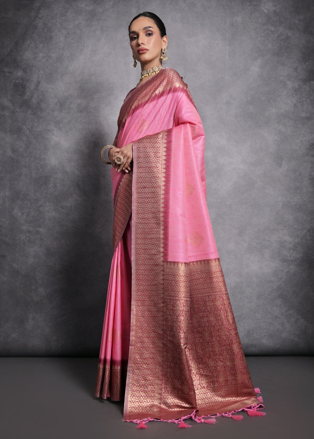 Neon Pink Tussar Silk Saree with Zari Woven Contrast Border