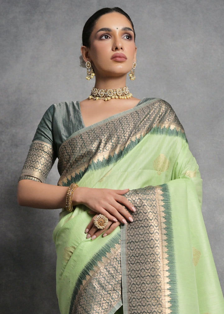 Pastel Green Tussar Silk Saree with Zari Woven Contrast Border