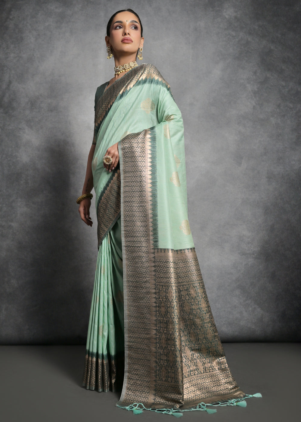 Sea Green Tussar Silk Saree with Zari Woven Contrast Border