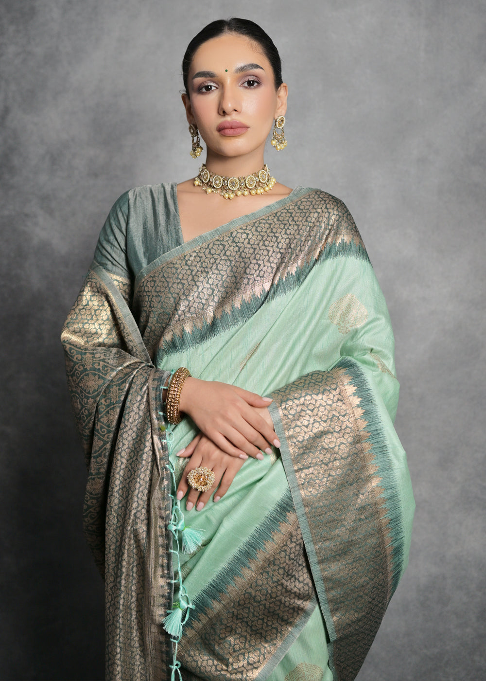 Sea Green Tussar Silk Saree with Zari Woven Contrast Border