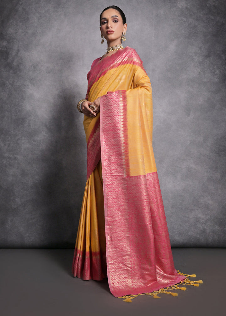 Saffron Yellow Tussar Silk Saree with Zari Woven Contrast Border