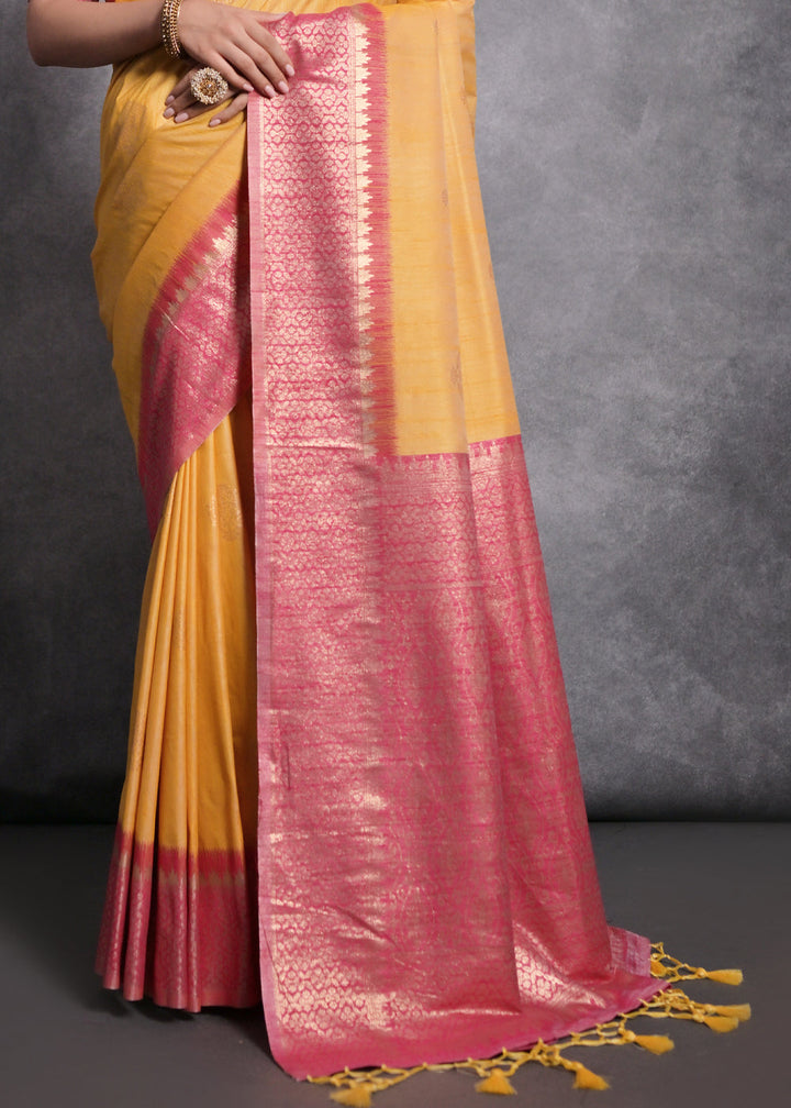 Saffron Yellow Tussar Silk Saree with Zari Woven Contrast Border