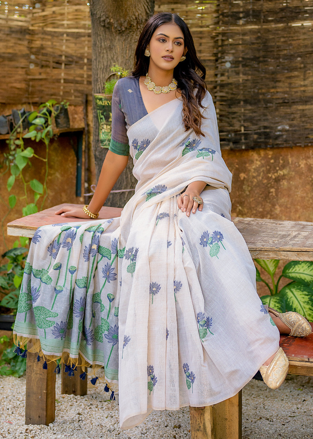 White & Blue Muga Cotton Saree with Woven Pallu & All Over Butti work - qivii