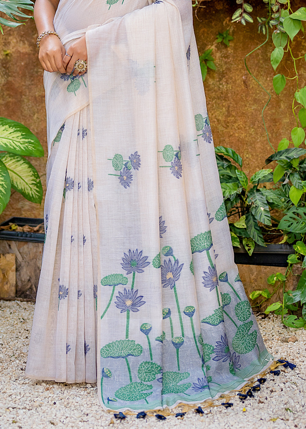 White & Blue Muga Cotton Saree with Woven Pallu & All Over Butti work - qivii