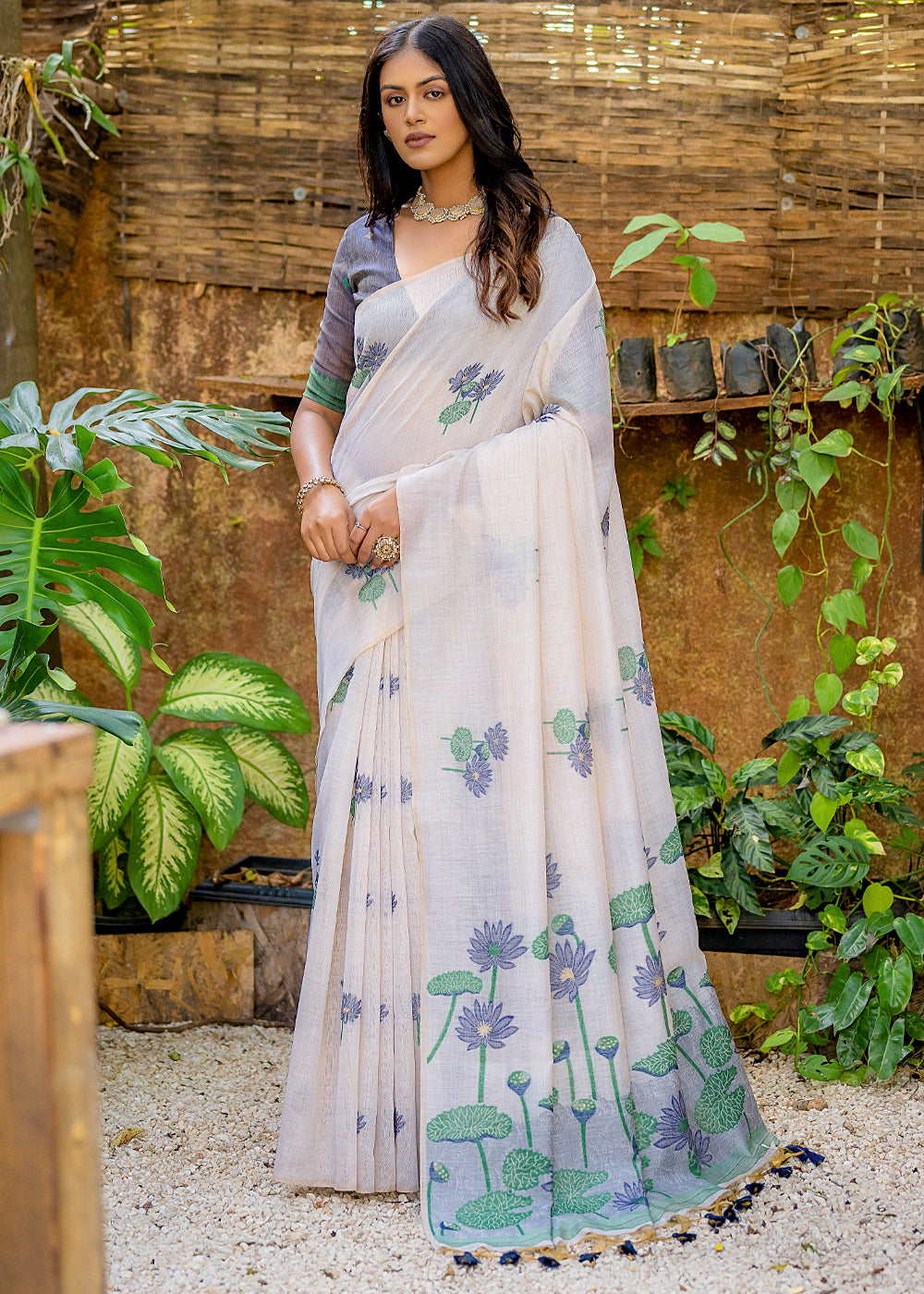 White & Blue Muga Cotton Saree with Woven Pallu & All Over Butti work - qivii