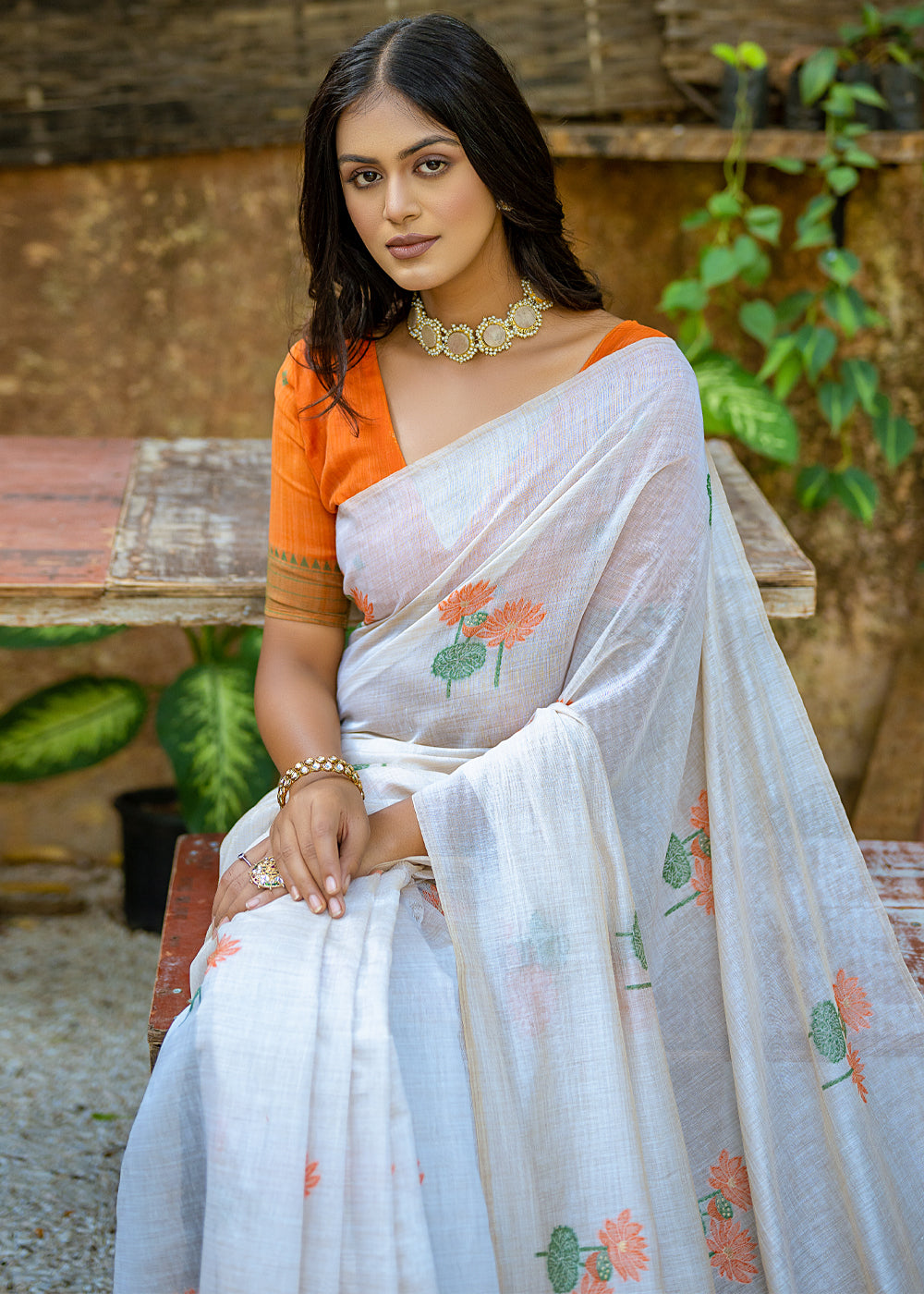 White & Orange Muga Cotton Saree with Woven Pallu & All Over Butti work - qivii
