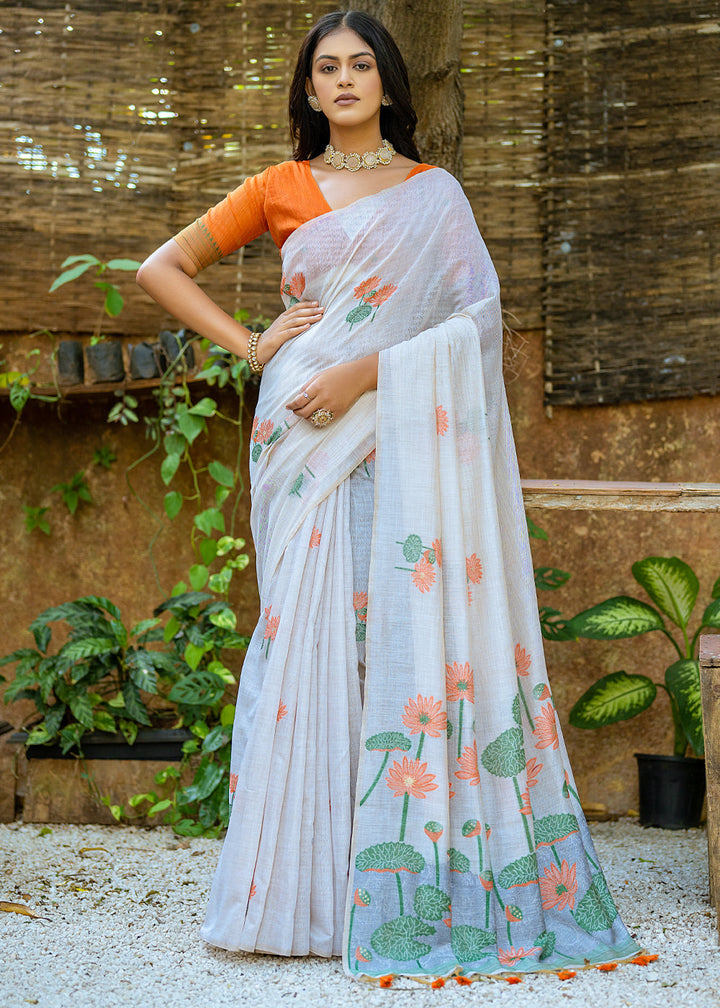 White & Orange Muga Cotton Saree with Woven Pallu & All Over Butti work