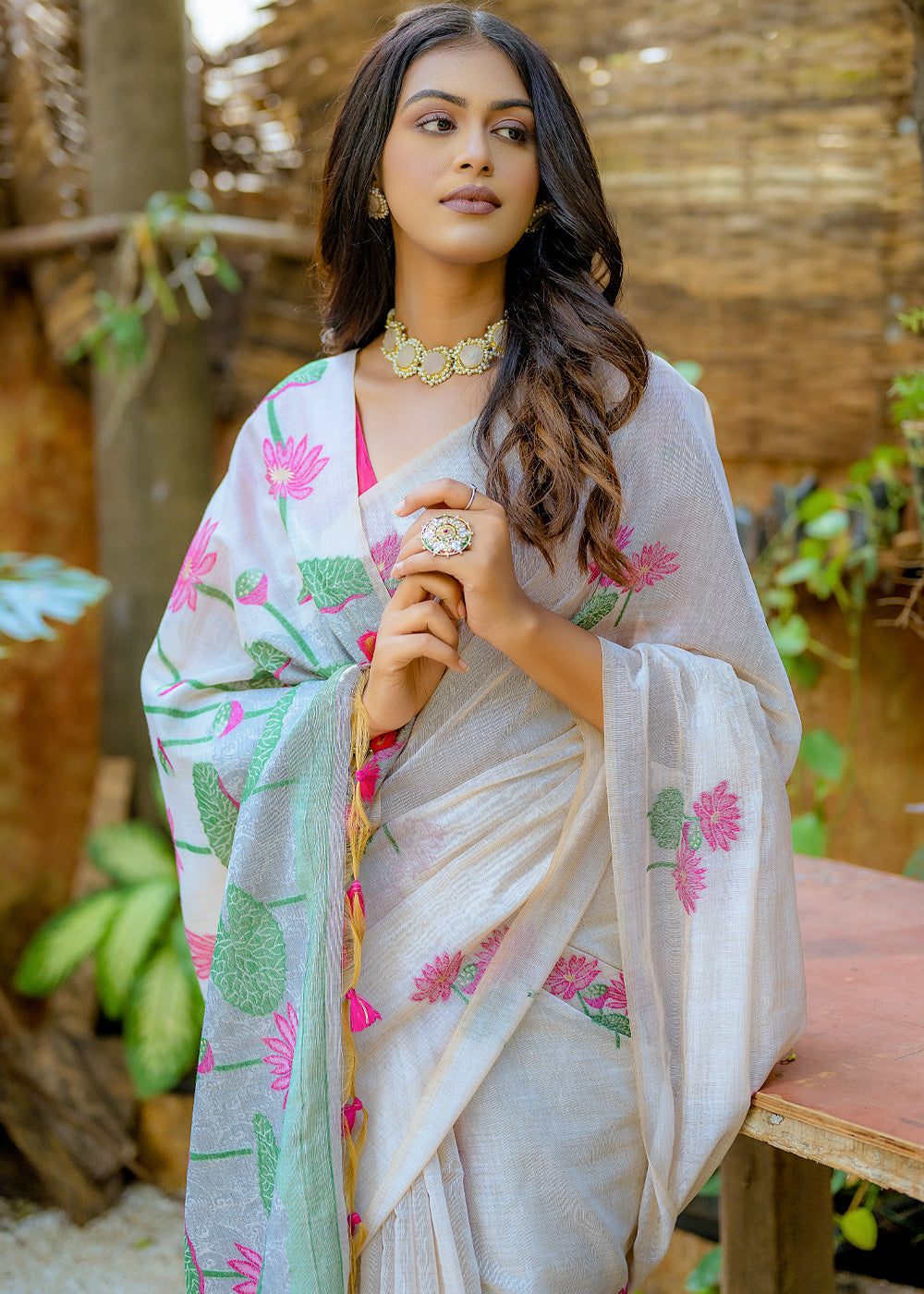 White & Pink Muga Cotton Saree with Woven Pallu & All Over Butti work - qivii