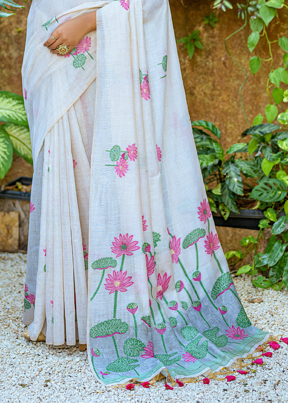 White & Pink Muga Cotton Saree with Woven Pallu & All Over Butti work - qivii