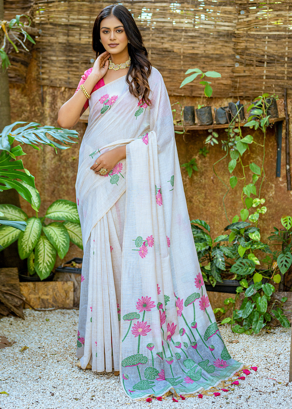 White & Pink Muga Cotton Saree with Woven Pallu & All Over Butti work - qivii