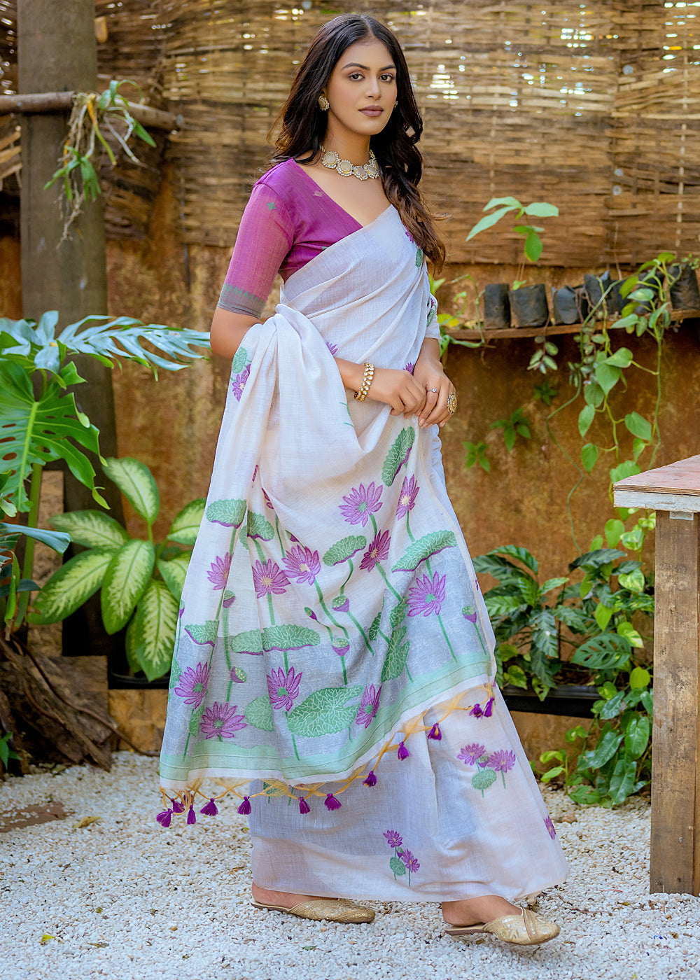 White & Purple Muga Cotton Saree with Woven Pallu & All Over Butti work - qivii