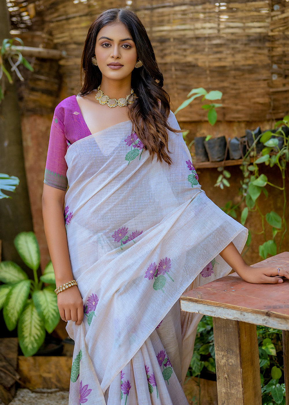 White & Purple Muga Cotton Saree with Woven Pallu & All Over Butti work - qivii
