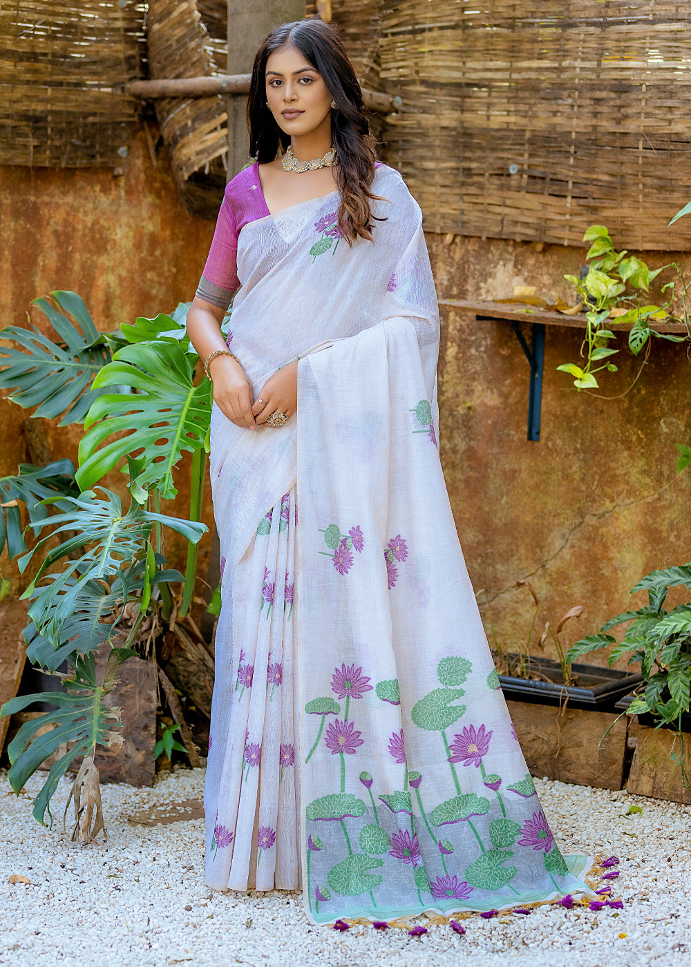 White & Purple Muga Cotton Saree with Woven Pallu & All Over Butti work - qivii