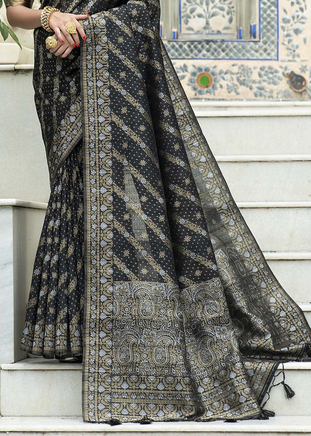Soot Black Zari Woven Tussar Silk Saree with Tassels on Pallu - qivii