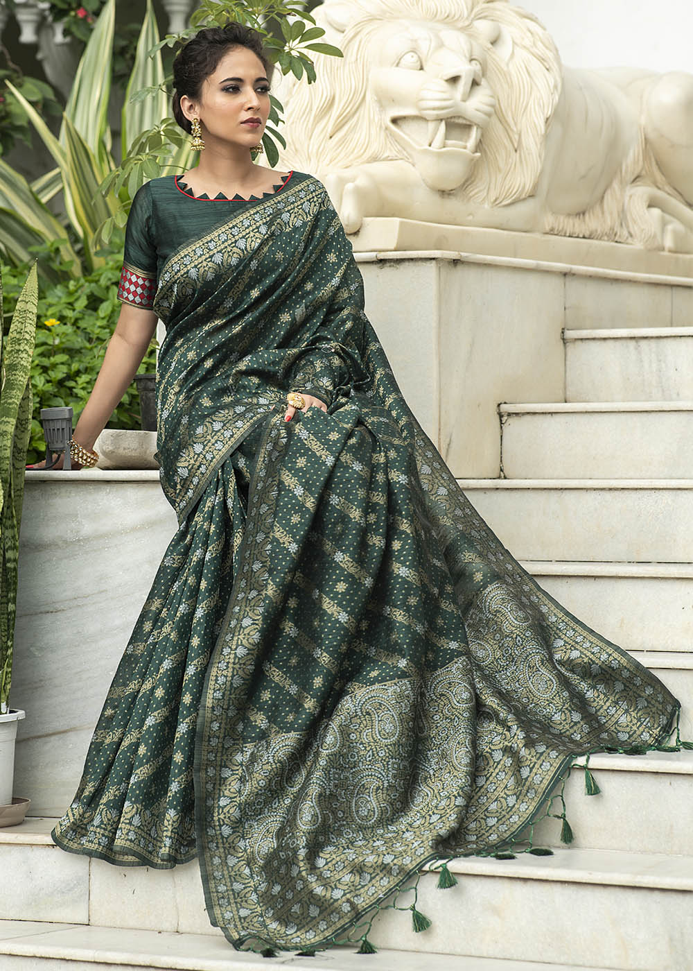 Sacramento Green Zari Woven Tussar Silk Saree with Tassels on Pallu - qivii