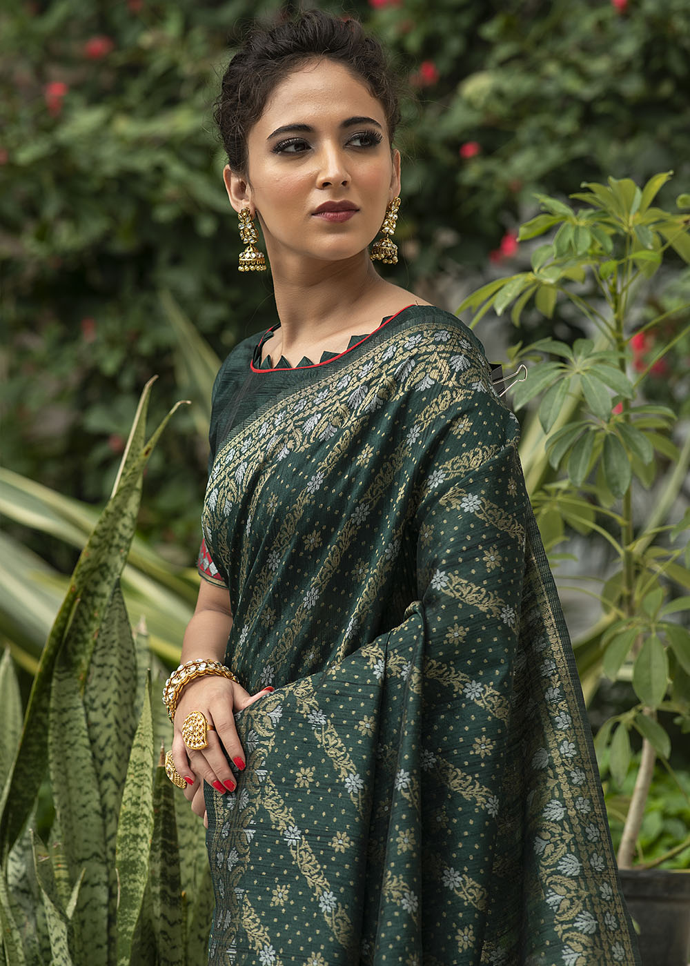 Sacramento Green Zari Woven Tussar Silk Saree with Tassels on Pallu - qivii