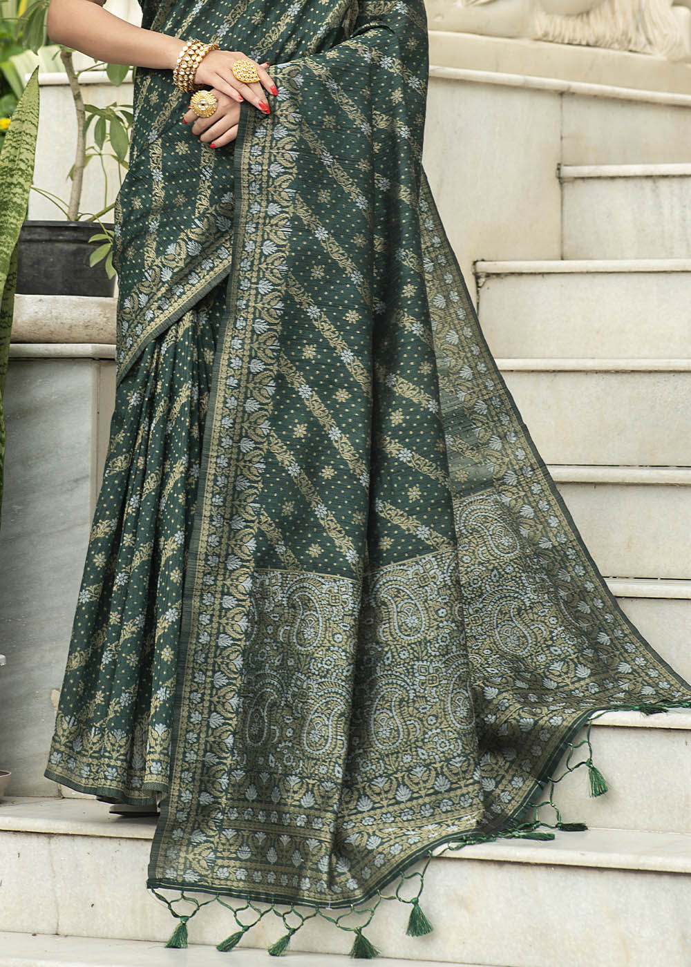 Sacramento Green Zari Woven Tussar Silk Saree with Tassels on Pallu - qivii