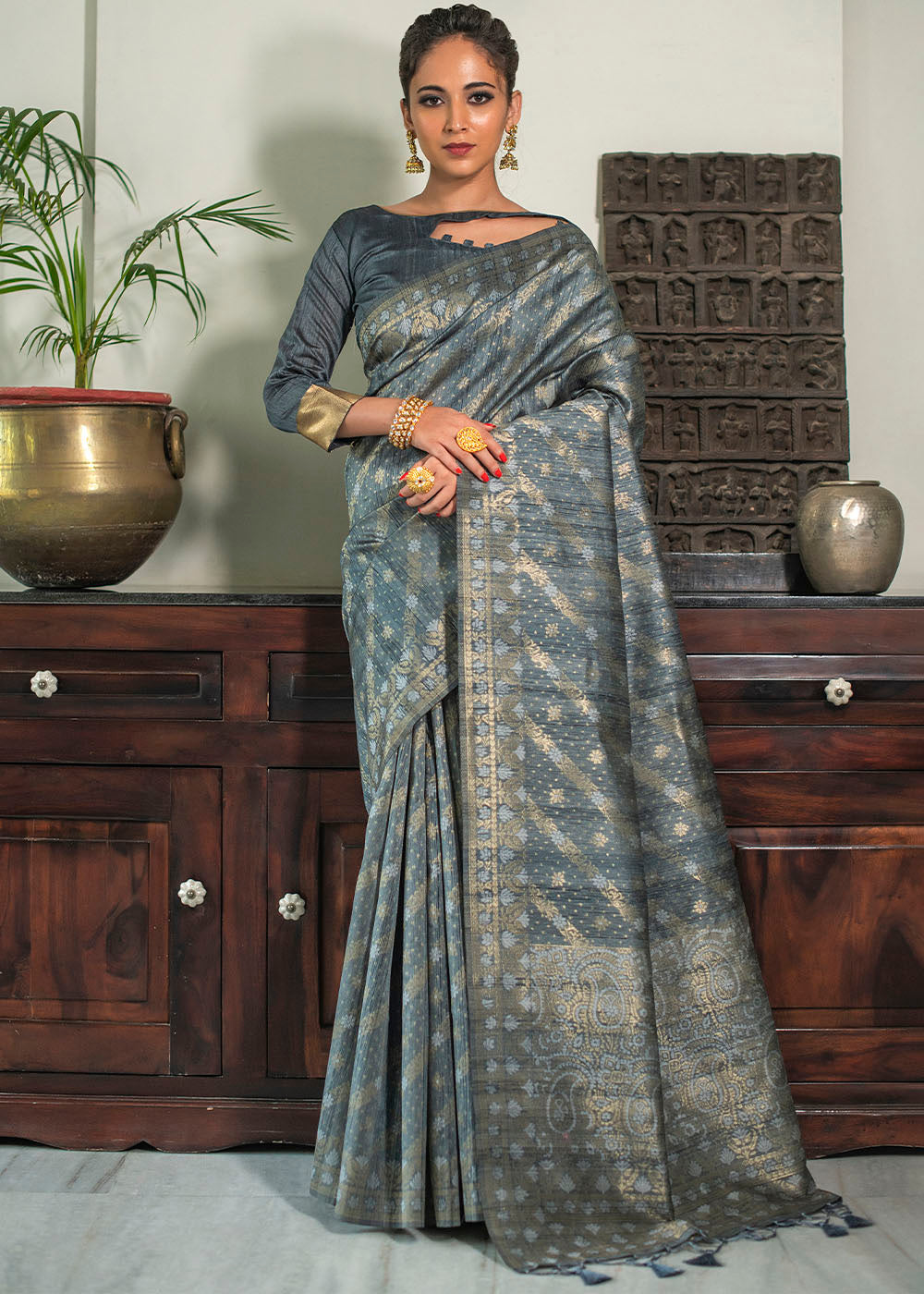 Anchor Grey Zari Woven Tussar Silk Saree with Tassels on Pallu - qivii