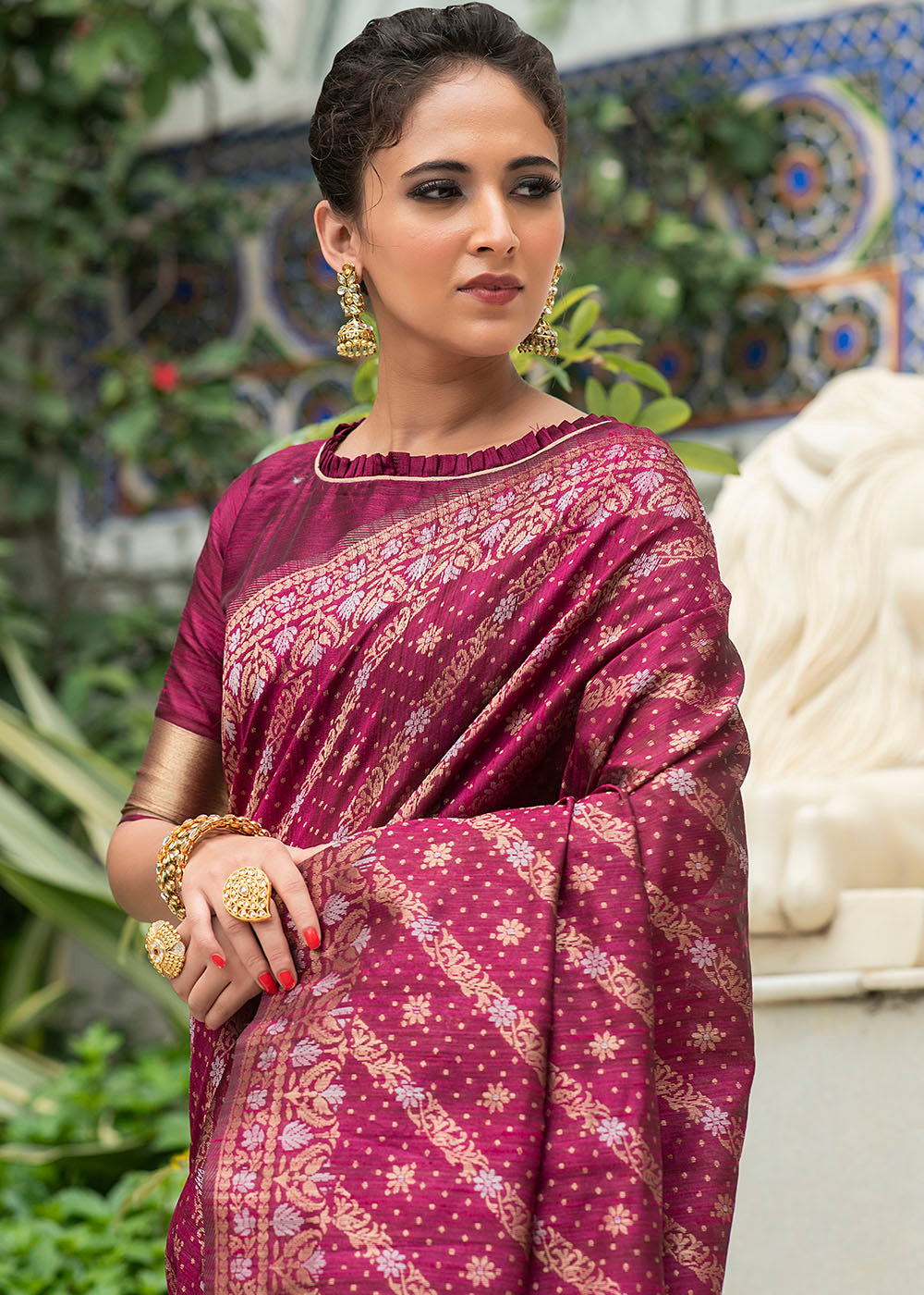 Fandango Purple Zari Woven Tussar Silk Saree with Tassels on Pallu - qivii