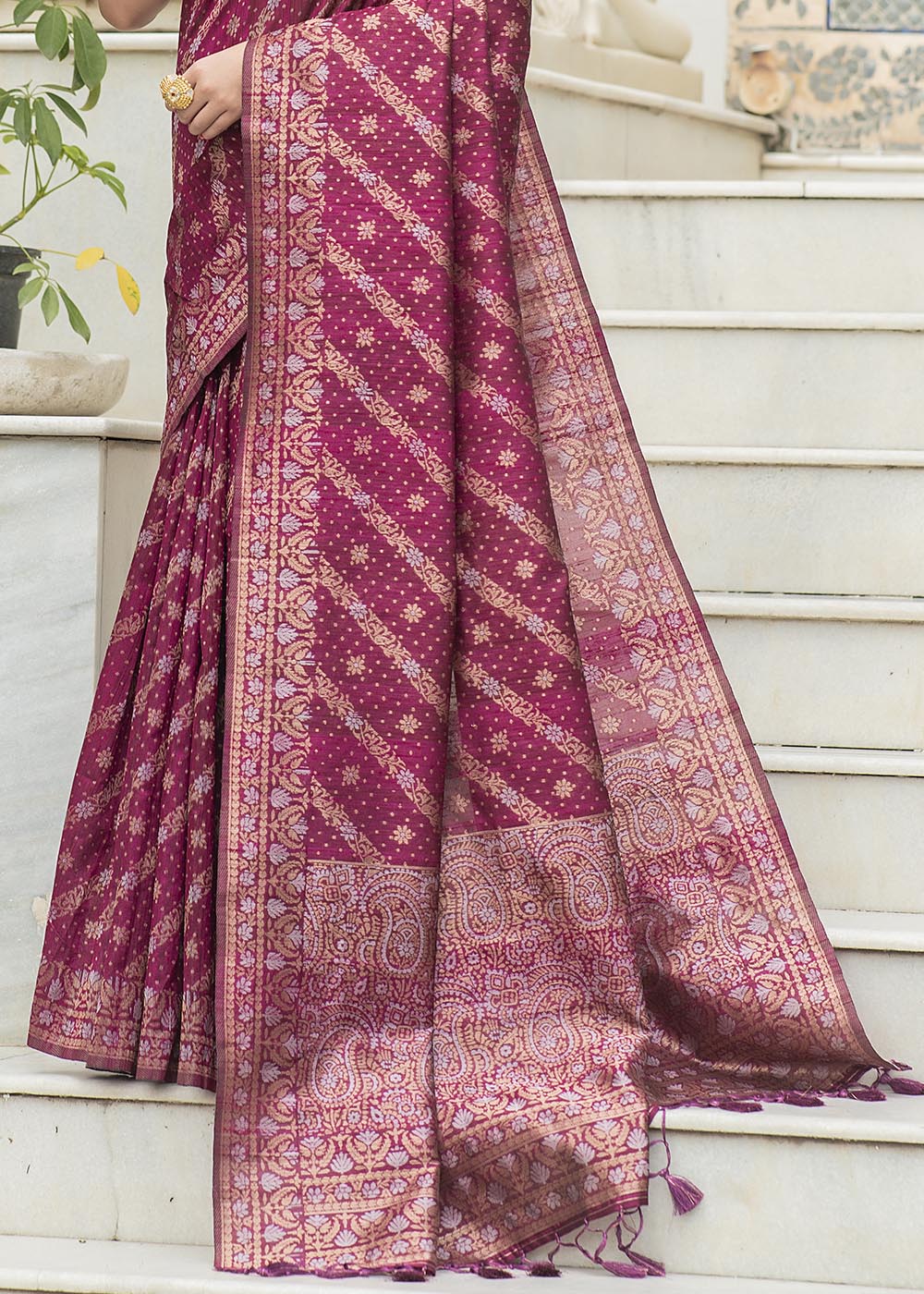 Fandango Purple Zari Woven Tussar Silk Saree with Tassels on Pallu - qivii