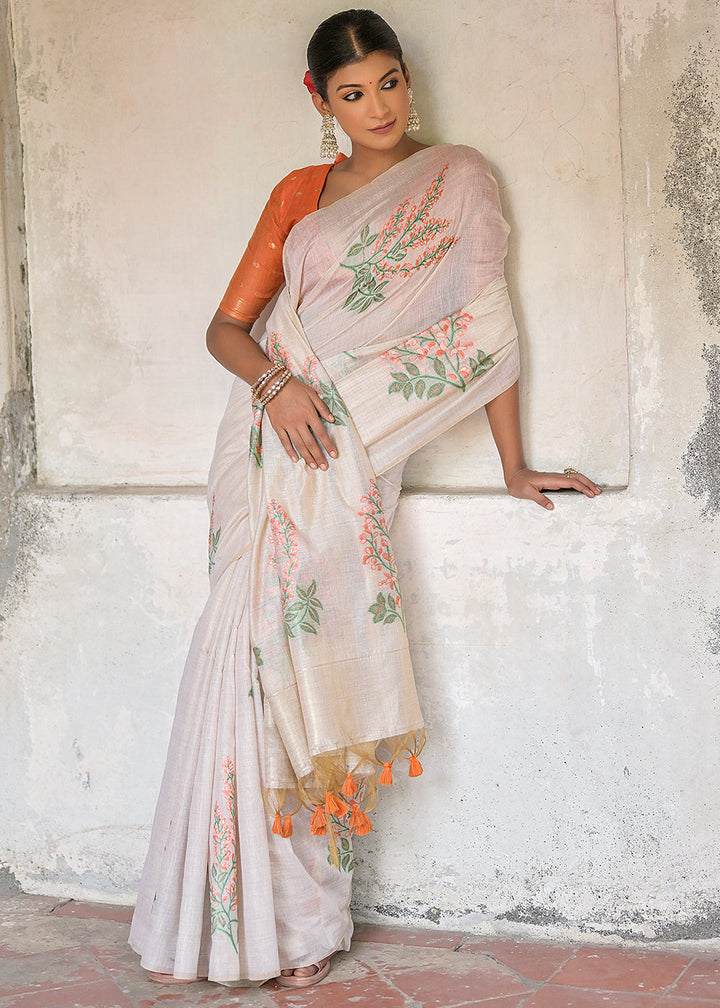 White & Orange Muga Cotton Saree with Woven Pallu & All Over Butti work