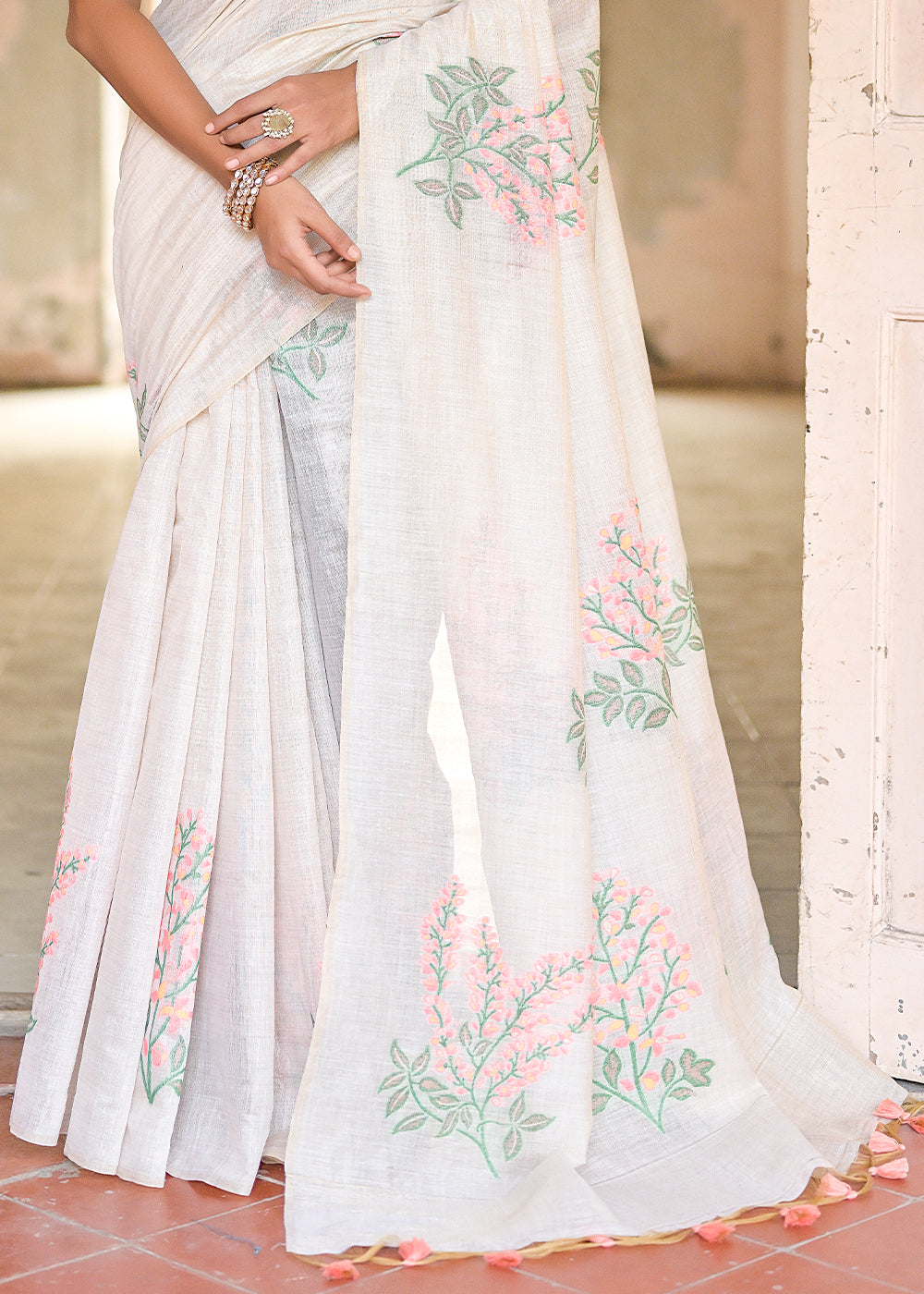 White & Peach Pink Muga Cotton Saree with Woven Pallu & All Over Butti work - qivii