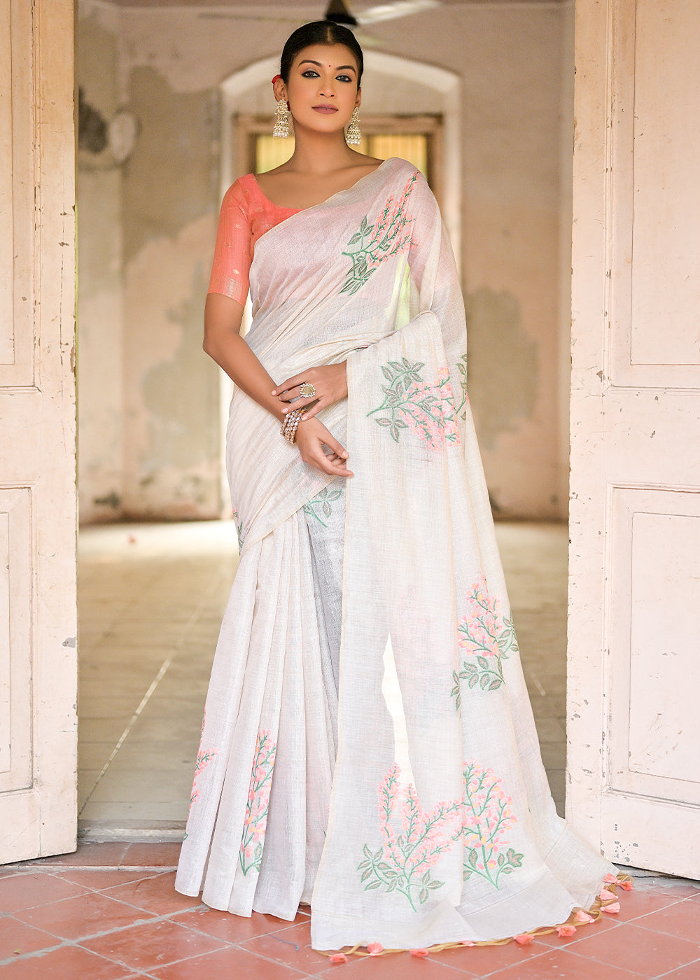 White & Peach Pink Muga Cotton Saree with Woven Pallu & All Over Butti work - qivii