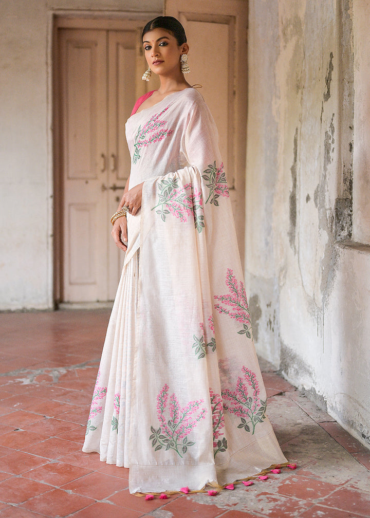 White & Pink Muga Cotton Saree with Woven Pallu & All Over Butti work