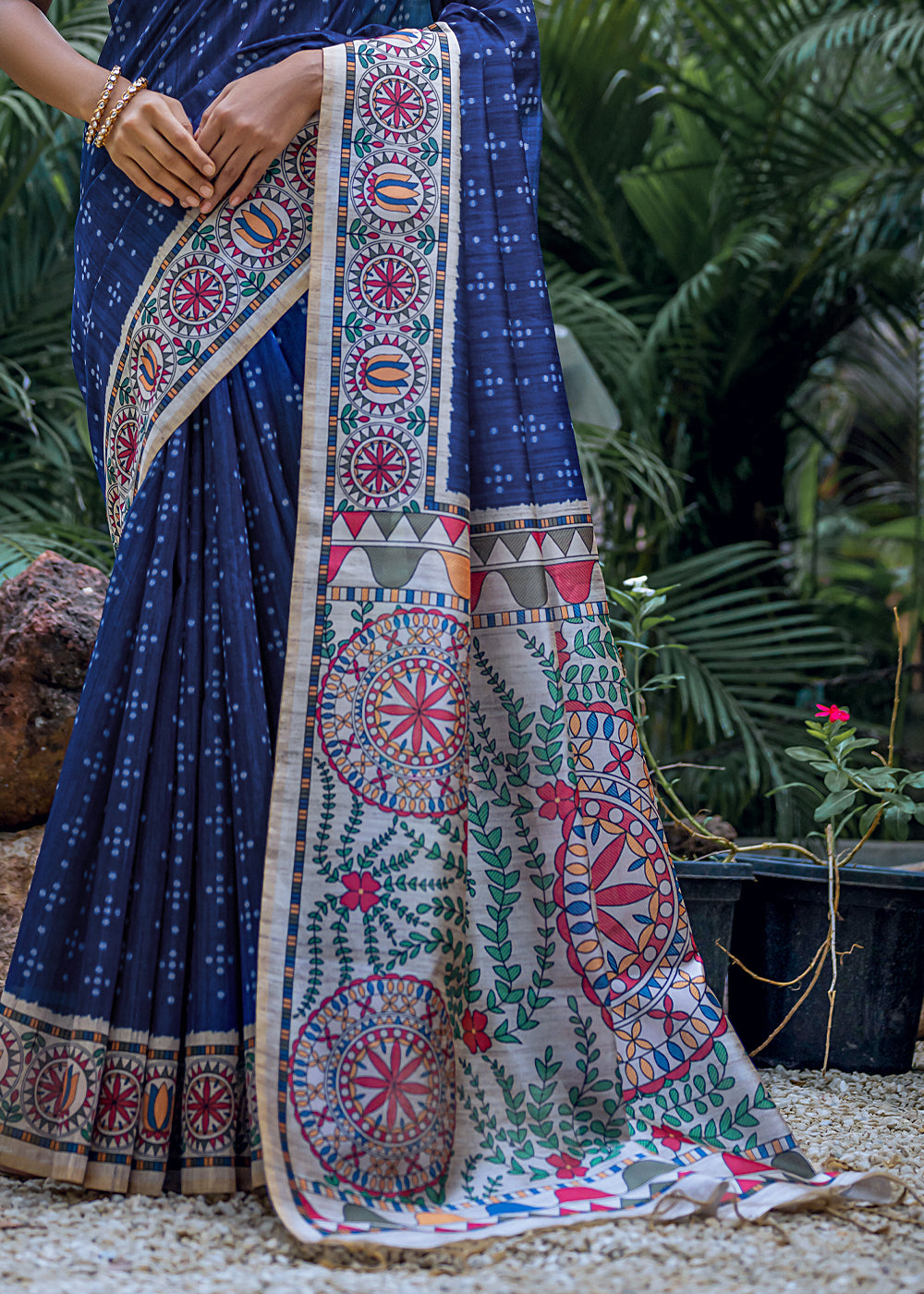 Navy Blue Madhubani Printed Soft Tussar Silk Saree