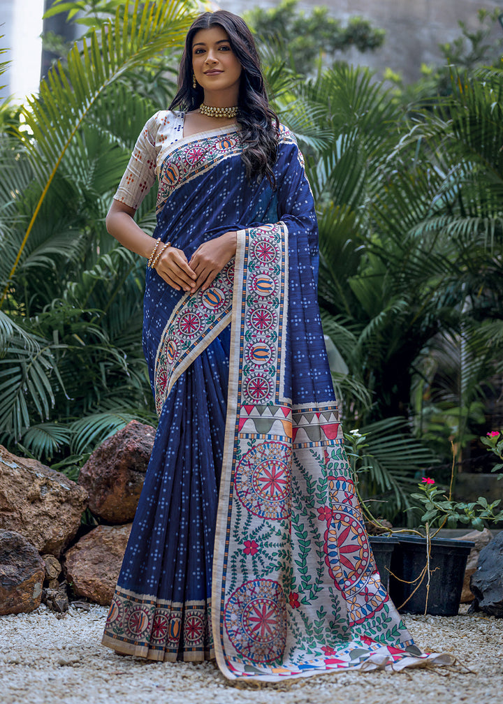 Navy Blue Madhubani Printed Soft Tussar Silk Saree