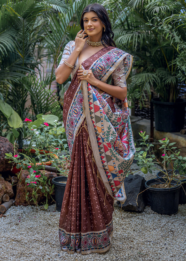 Coffee Brown Madhubani Printed Soft Tussar Silk Saree