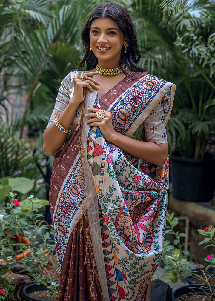 Coffee Brown Madhubani Printed Soft Tussar Silk Saree