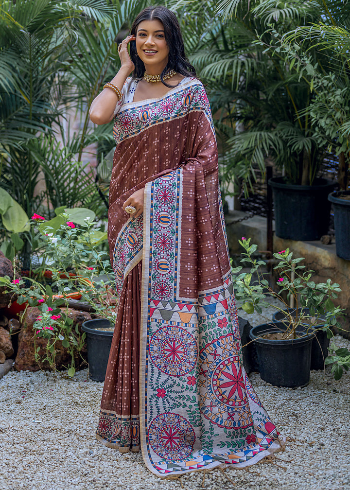 Coffee Brown Madhubani Printed Soft Tussar Silk Saree