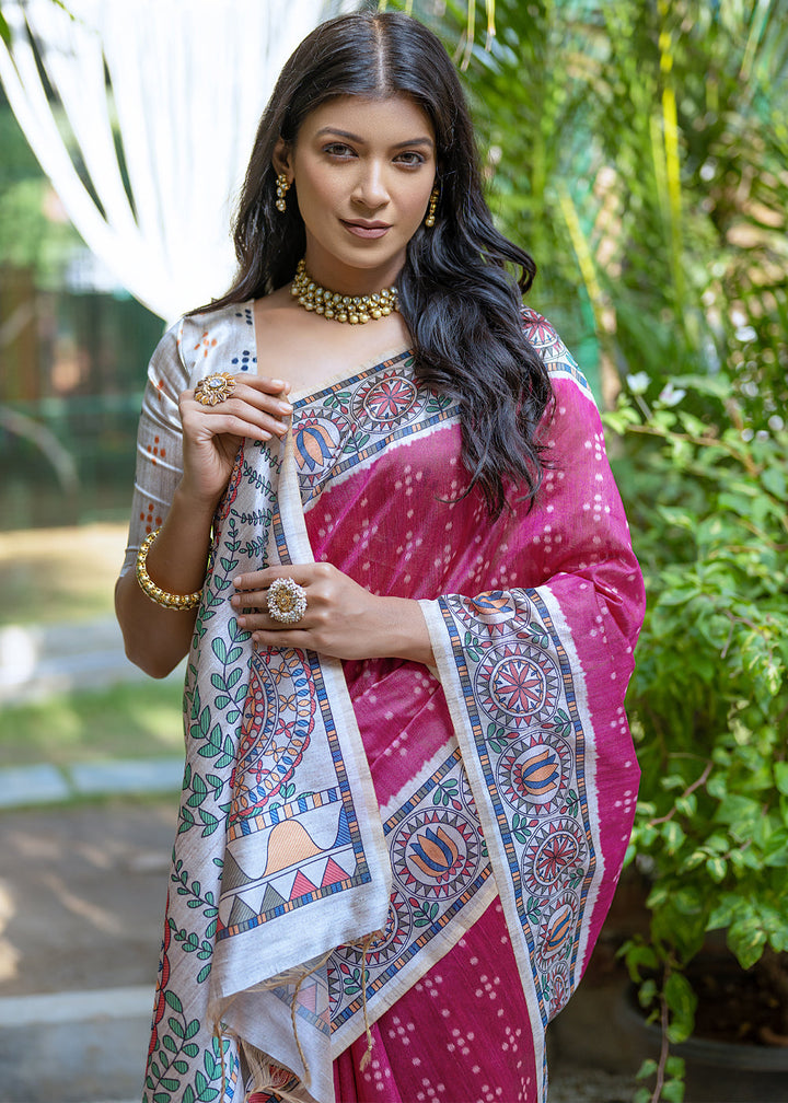 Magenta Pink Madhubani Printed Soft Tussar Silk Saree