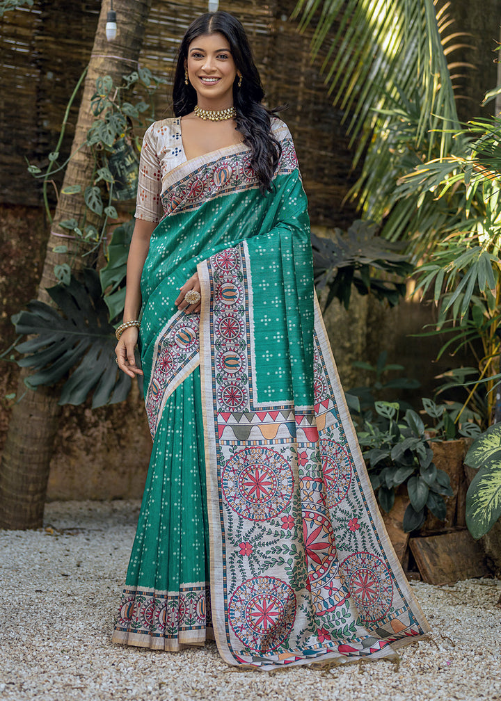 Rama Green Madhubani Printed Soft Tussar Silk Saree