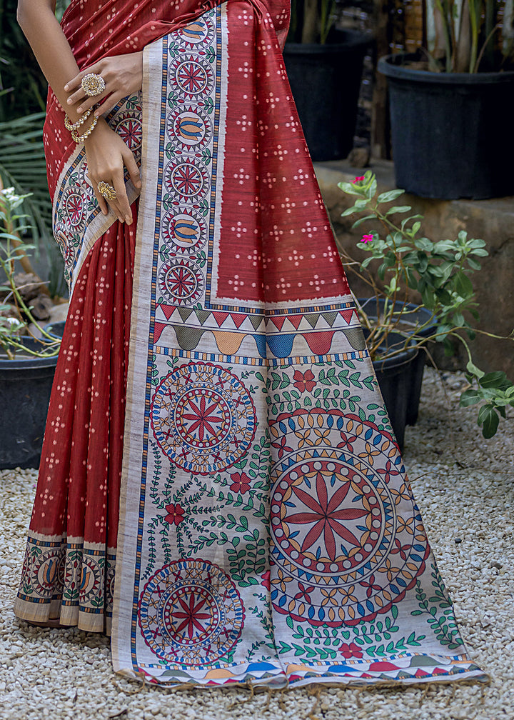 Scarlet Red Madhubani Printed Soft Tussar Silk Saree