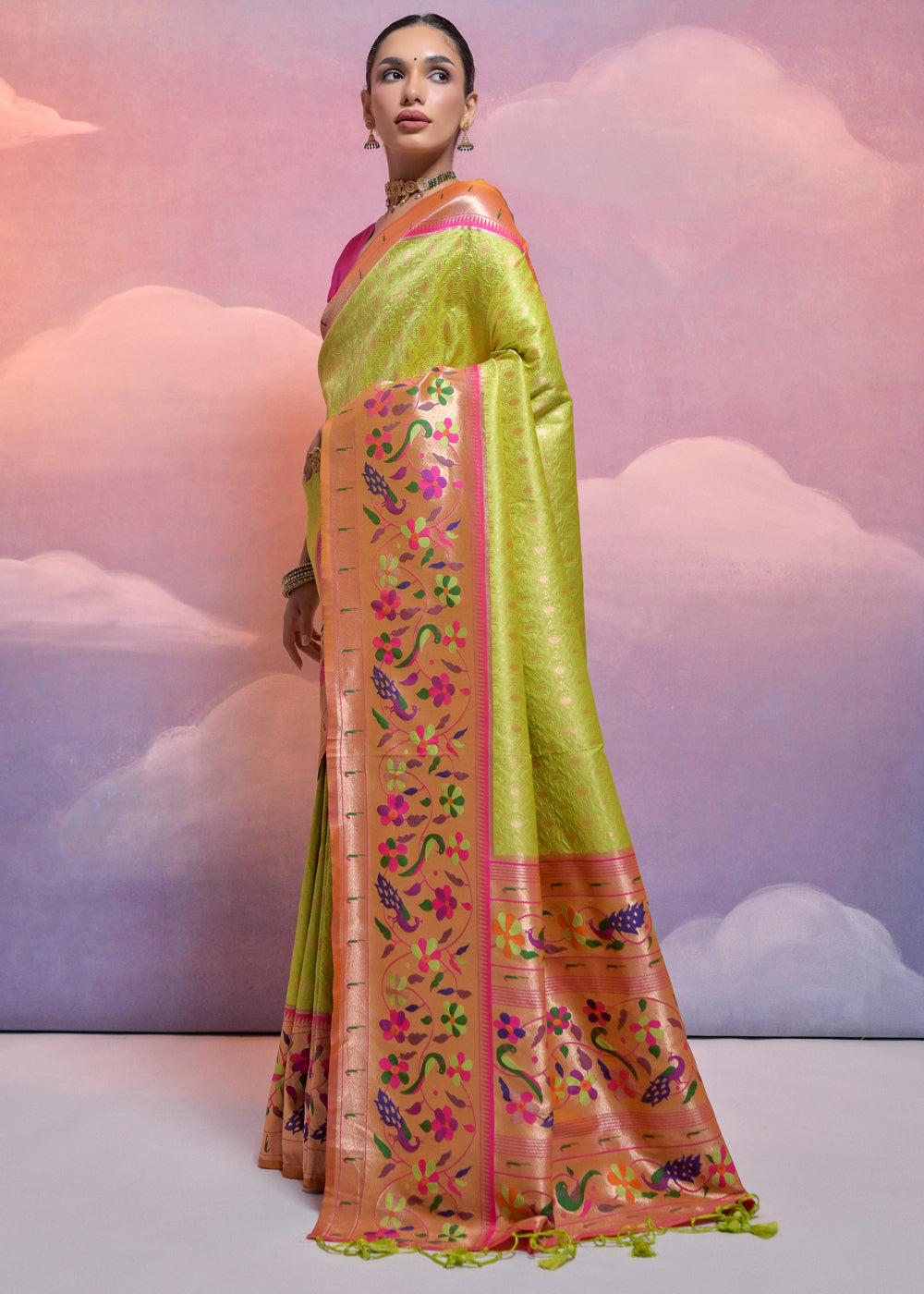 Avocado Green Woven Paithani Silk Saree with Meenakari Zari Woven Border - qivii