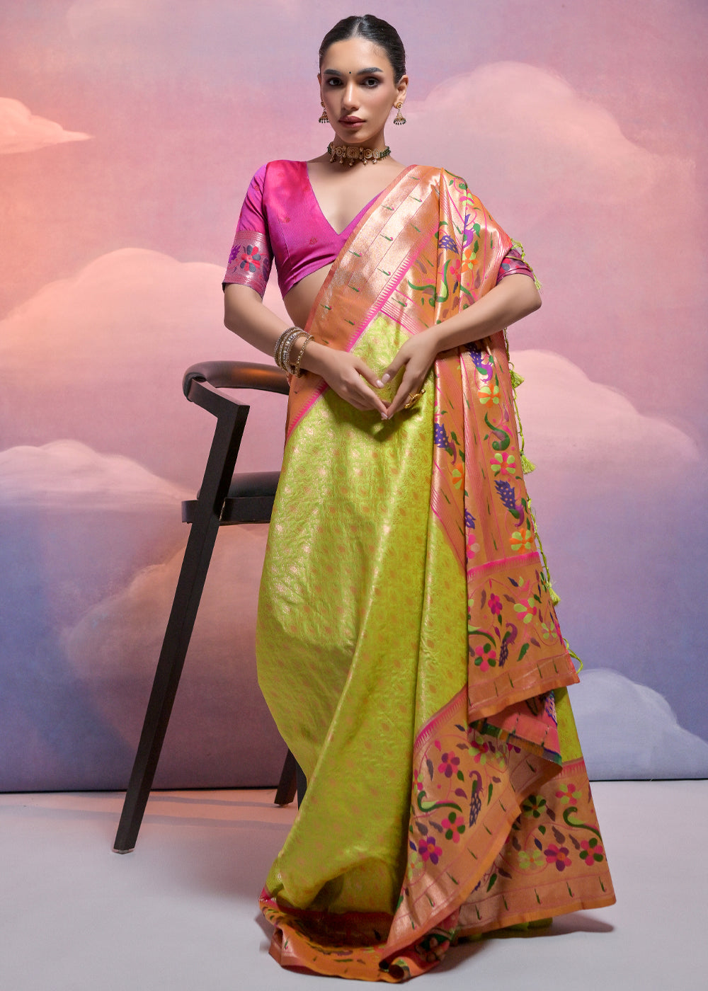 Avocado Green Woven Paithani Silk Saree with Meenakari Zari Woven Border - qivii