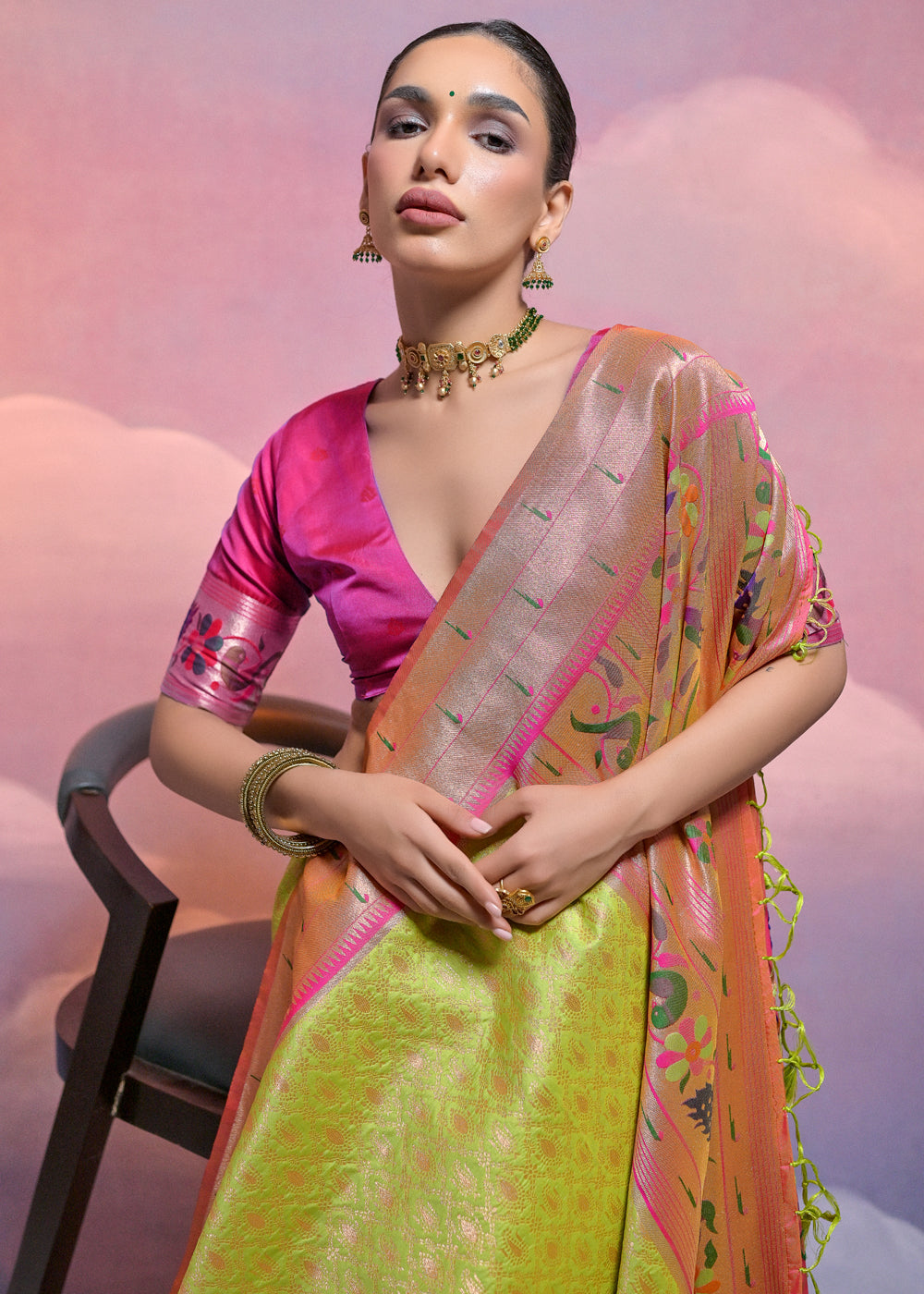 Avocado Green Woven Paithani Silk Saree with Meenakari Zari Woven Border - qivii