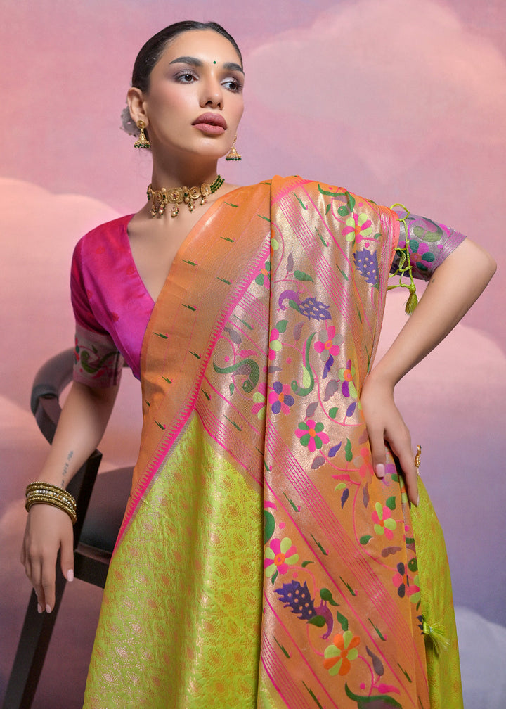 Avocado Green Woven Paithani Silk Saree with Meenakari Zari Woven Border