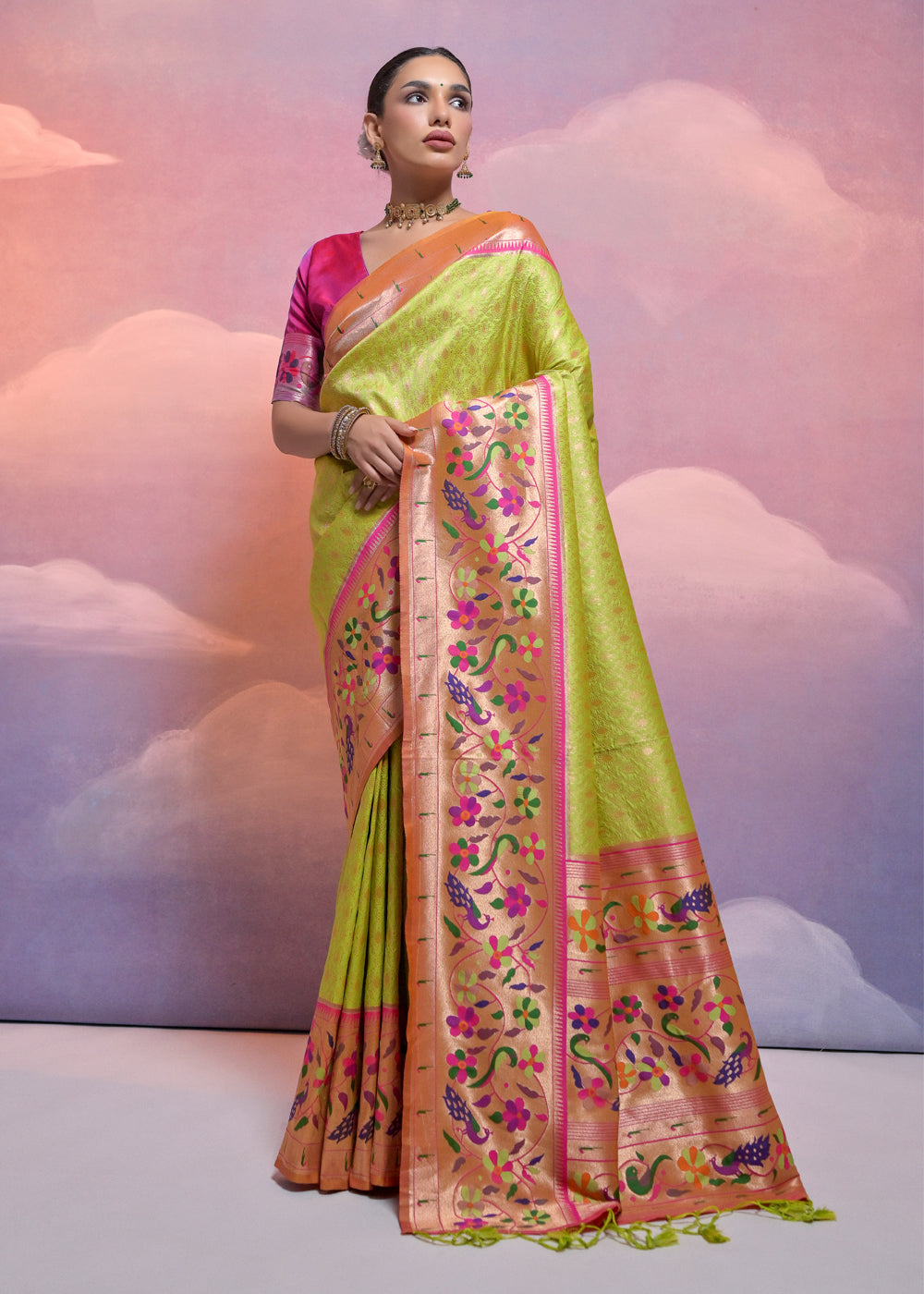 Avocado Green Woven Paithani Silk Saree with Meenakari Zari Woven Border - qivii