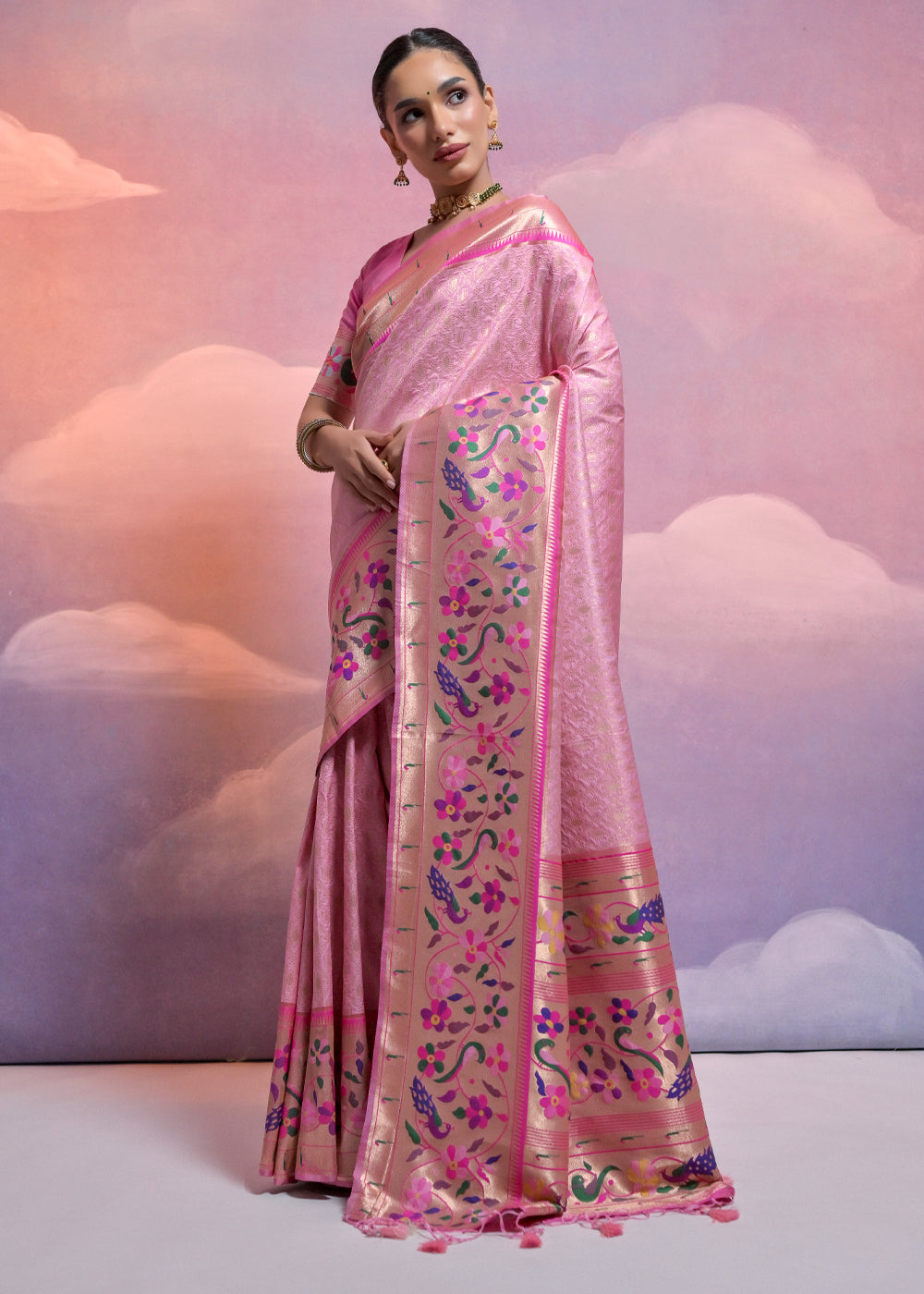 Taffy Pink Woven Paithani Silk Saree with Meenakari Zari Woven Border - qivii