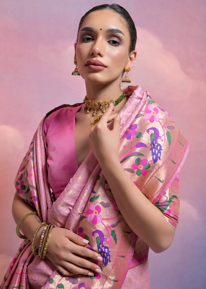 Taffy Pink Woven Paithani Silk Saree with Meenakari Zari Woven Border