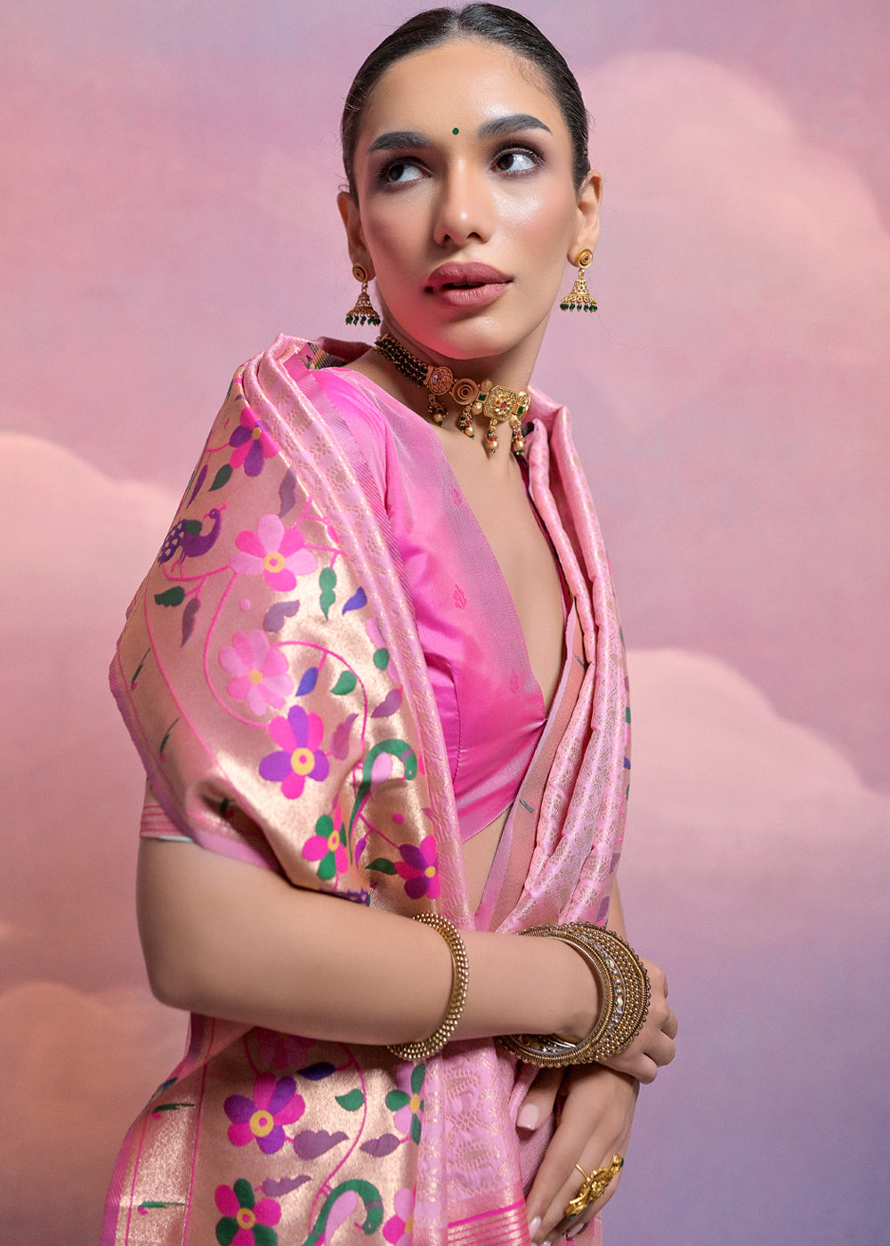 Taffy Pink Woven Paithani Silk Saree with Meenakari Zari Woven Border - qivii